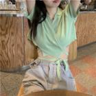 Short-sleeve Collared Tie-waist Cropped Knit Top