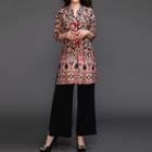 Set: Printed Frog-button 3/4-sleeve Top + Wide-leg Pants