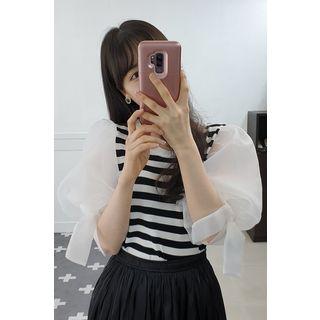 Petite Size Beribboned Balloon-sleeve Stripe Top