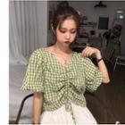 Puff-sleeve Gingham Drawstring Top