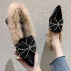 Block Heel Faux Fur Trim Embellished Bow Pumps