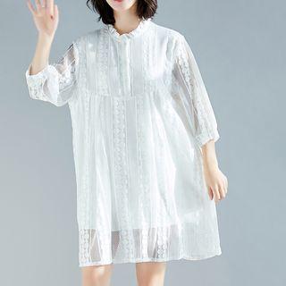 3/4-sleeve Mini Lace Dress White - One Size