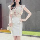 Cap-sleeve Floral Blouse / Mini Skirt / Set