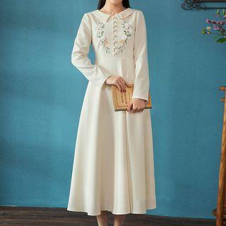 Long-sleeve Embroidered Rosette Dress