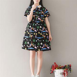Short-sleeve Printed Collared A-line Dress