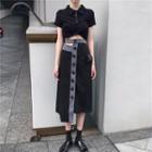 Buttoned Asymmetric A-line Midi Skirt / Short-sleeve Cropped Top