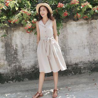 Plaid Sleeveless Lapel Collar Buttoned A-line Dress