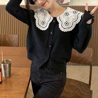 Eyelet Lace Collar Cardigan Black - One Size