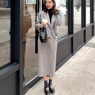 Set: Cropped Double-breasted Blazer + Midi Pencil Skirt