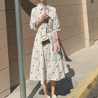 Elbow-sleeve Floral Midi A-line Shirtdress