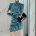 Long-sleeve Turtleneck Mini Bodycon Velvet Dress