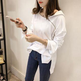 Hooded Cold-shoulder Long-sleeve T-shirt