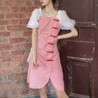 Puff-sleeve Paneled Checker Frog Buttoned Dress