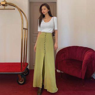 Band-waist Button-front Maxi A-line Skirt