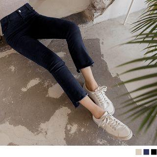 Frayed Asymmetric Hem Boot-cut Pants
