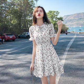 Short-sleeve Tie-neck Floral Printed Chiffon Mini Dress