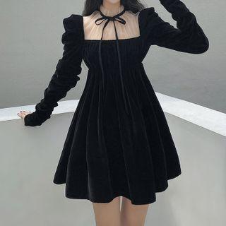 Long-sleeve Mesh Panel Bow Detail Mini A-line Dress