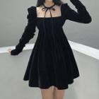 Long-sleeve Mesh Panel Bow Detail Mini A-line Dress