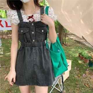 Square Neck Plain Elastic-waist Denim Overall Dress