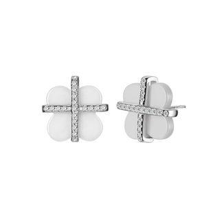 Sterling Silver Fashion Simple Four-leafed Clover Cubic Zircon White Ceramic Stud Earrings Silver - One Size