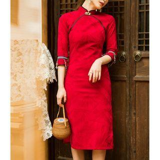 Elbow-sleeve Qipao Midi Dress