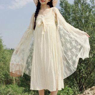 Wide-strap A-line Dress / Longline Lace Jacket