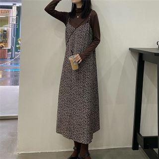 Long-sleeve Mock-neck T-shirt / Spaghetti Strap Floral Print Midi A-line Chiffon Dress