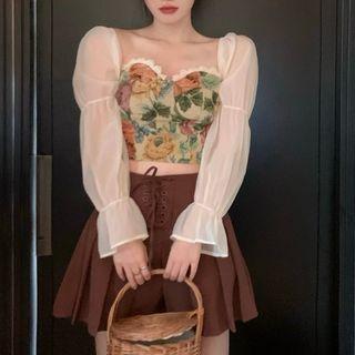 Long-sleeve Floral Print Corset Top / Lace-up Mini Skirt