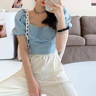 Square-neck Off-shoulder Denim Cropped Blouse