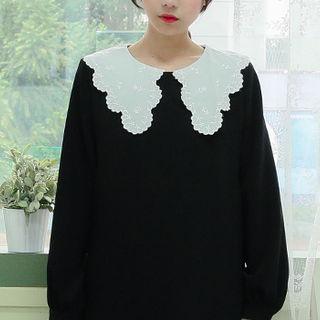 Lace-collar Bishop-sleeve Shift Dress Black - One Size