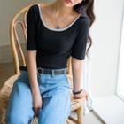 Scoop-neck Tie-back Contrast-trim T-shirt