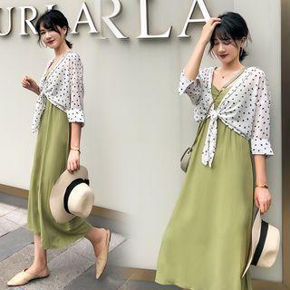Set: 3/4-sleeve Dotted Shirt + Spaghetti Strap Midi Dress