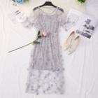 Set: Flower Detail Short-sleeve Midi A-line Dress + Slipdress