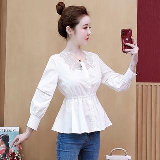 Eyelet Lace Lantern-sleeve Peplum Top
