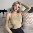 Long-sleeve Chain Strap Cold-shoulder Knit Top