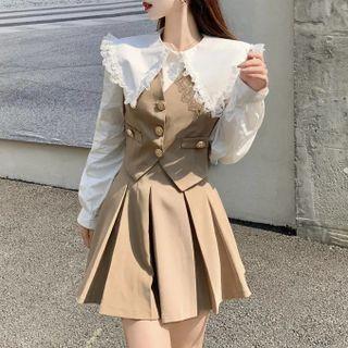 Peter Pan Collar Shirt / Vest / Pleated Skirt / Set