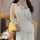 Long-sleeve Square Neck Fluffy Trim Fleece-lined Lace Midi Dress