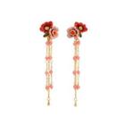 Fashion And Elegant Plated Gold Enamel Peony Flower Tassel Earrings With Cubic Zirconia Golden - One Size