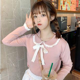 Ruffle Peter Pan Collar Long-sleeve Knit Top
