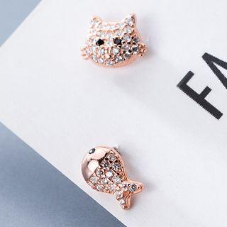 Non-matching 925 Sterling Silver Rhinestone Cat & Fish Earring