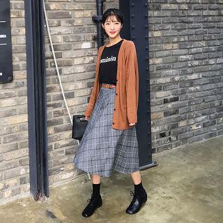 Plaid Midi Flare Skirt With Belt