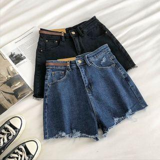 Distressed High-waist Frayed A-line Denim Shorts