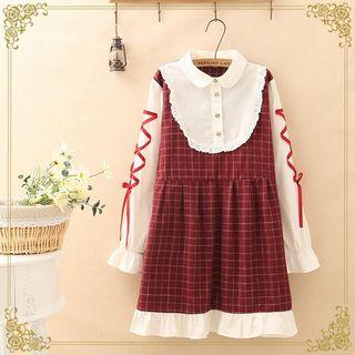 Lace Trim Plaid Long-sleeve Dress
