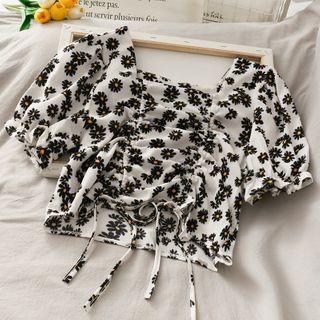 Daisy-print Drawstring Chiffon Top