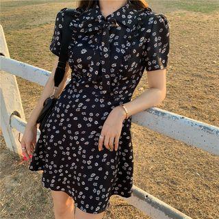 Floral Print Short-sleeve A-line Mini Dress Black - One Size