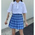 Short-sleeve Cropped Top / Plaid Pleated Mini Skirt