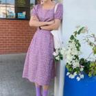 Short-sleeve Floral A-line Midi Dress Purple - One Size