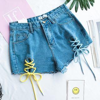 Color-block Lace-up Denim Shorts