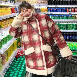 Furry-trim Plaid Buttoned Jacket / Coat