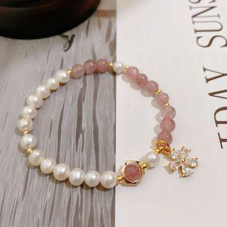 Rhinestone Flower Faux Pearl Bracelet White - One Size